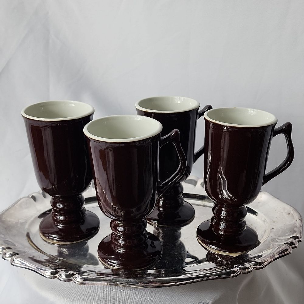 Vintage Irish Coffee Chocolate Brown Hall Pottery Pedestal Mugs Set of 4